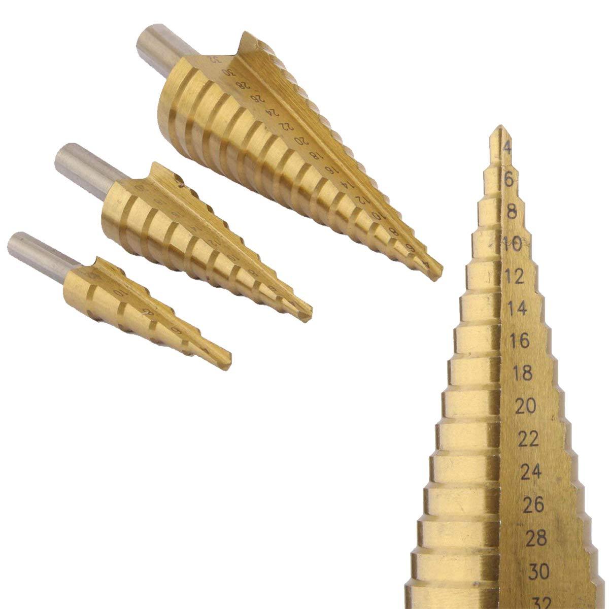 0437 -3X Large HSS Steel Step Cone Drill Titanium Bit Set Hole Cutter (4-32, 4-20, 4-12mm) DeoDap 0437 -3X Large HSS Steel Step Cone Drill Titanium Bit Set Hole Cutter (4-32, 4-20, 4-12mm) DeoDap